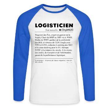 Logisticien - Maestro de la Supply Chain ! - T-shirt baseball manches longues Homme - blanc/bleu royal - Devant - Nik (191cm)