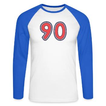 90. 90 JAHRE. 90-JÄHRIGES JUBILÄUM. 90-JÄHRIGES JUBILÄUM. - Unisex Baseballshirt langarm - Weiß/Royalblau - Vorne - Nik (191cm)