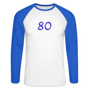 80. 80 YEARS. 80th ANNIVERSARY. 80TH BIRTHDAY. - Unisex Long Sleeve Baseball T-Shirt - white/royal blue - Front - Nik (191cm)