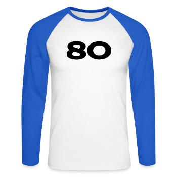 80. 80 JAHRE. 80-JÄHRIGES JUBILÄUM. 80. GEBURTSTAG. - Unisex Baseballshirt langarm - Weiß/Royalblau - Vorne - Nik (191cm)