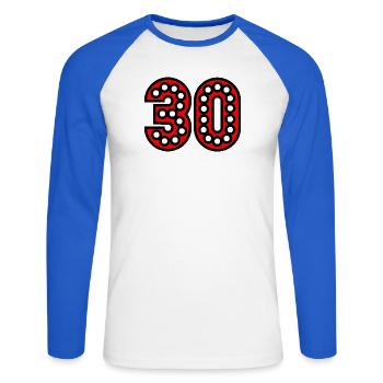 30. 30 ANS. 30e ANNIVERSAIRE. ANNIVERSAIRE 30 ANS. - T-shirt baseball manches longues Homme - blanc/bleu royal - Devant - Nik (191cm)