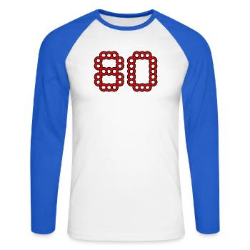 80. 80 ANS. 80e ANNIVERSAIRE. ANNIVERSAIRE 80 ANS. - T-shirt baseball manches longues Homme - blanc/bleu royal - Devant - Nik (191cm)