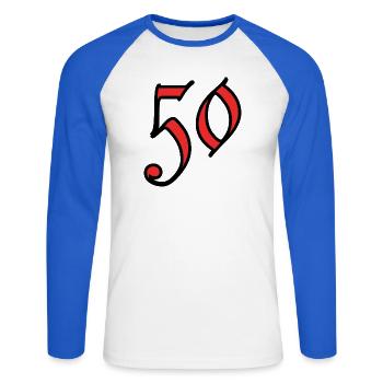 50. 50 ANS. 50e ANNIVERSAIRE. ANNIVERSAIRE 50 ANS. - T-shirt baseball manches longues Homme - blanc/bleu royal - Devant - Nik (191cm)