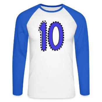 10. 10 YEARS. 10th ANNIVERSARY. 10 YEAR ANNIVERSARY. - Unisex Long Sleeve Baseball T-Shirt - white/royal blue - Front - Nik (191cm)