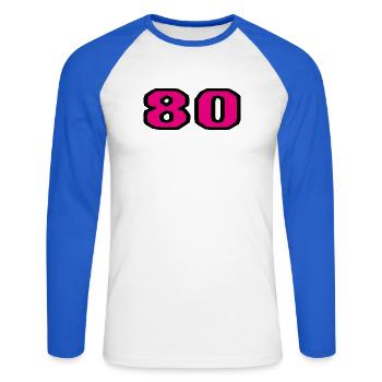 80. 80 JAHRE. 80-JÄHRIGES JUBILÄUM. 80. GEBURTSTAG. - Unisex Baseballshirt langarm - Weiß/Royalblau - Vorne - Nik (191cm)