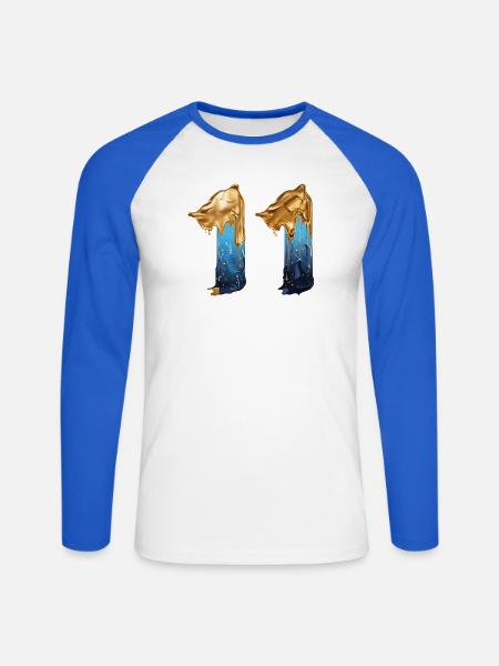 NEJ. 11 NUMMER 11 SEJ 11 ÅRS FØDSELSDAG - Langærmet herre-baseballshirt - hvid/kongeblå