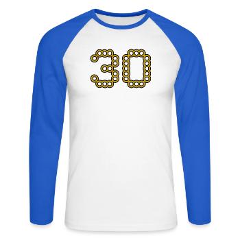 30. 30 ANS. 30e ANNIVERSAIRE. ANNIVERSAIRE 30 ANS. - T-shirt baseball manches longues Homme - blanc/bleu royal - Devant - Nik (191cm)