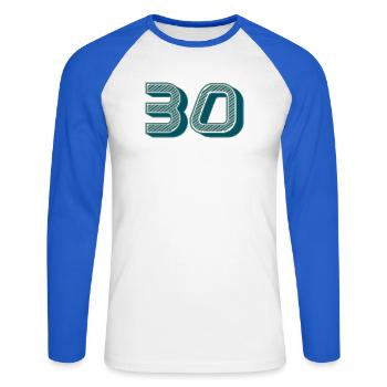 30. 30 ANS. 30e ANNIVERSAIRE. ANNIVERSAIRE 30 ANS. - T-shirt baseball manches longues Homme - blanc/bleu royal - Devant - Nik (191cm)