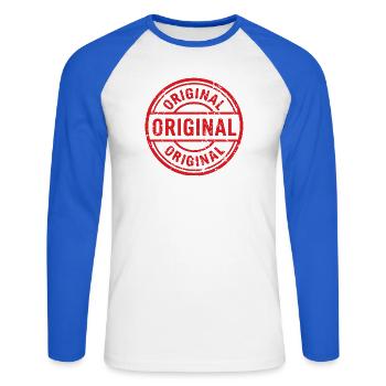 Ursprüngliches Grunge-Gummistempel-Abzeichen-Vektordesign - Unisex Baseballshirt langarm - Weiß/Royalblau - Vorne - Nik (191cm)