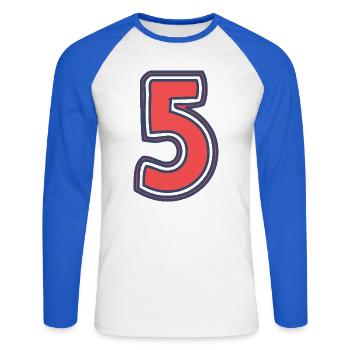 5. 5 ANS. 5e ANNIVERSAIRE. ANNIVERSAIRE 5 ANS - T-shirt baseball manches longues Homme - blanc/bleu royal - Devant - Nik (191cm)