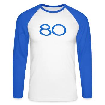 80. 80 JAHRE. 80-JÄHRIGES JUBILÄUM. 80. GEBURTSTAG. - Unisex Baseballshirt langarm - Weiß/Royalblau - Vorne - Nik (191cm)