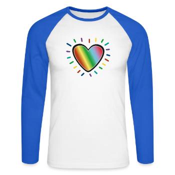 Rainbow Heart Pride Emblem - Unisex Long Sleeve Baseball T-Shirt - white/royal blue - Front - Nik (191cm)