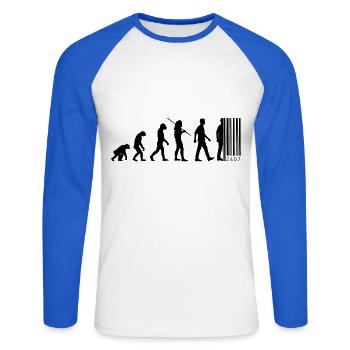 Evolution Barcode - Vom Affen zum Strichcode - Unisex Baseballshirt langarm - Weiß/Royalblau - Vorne - Nik (191cm)