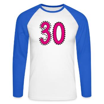 30. 30 ANS. 30e ANNIVERSAIRE. ANNIVERSAIRE 30 ANS. - T-shirt baseball manches longues Homme - blanc/bleu royal - Devant - Nik (191cm)