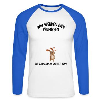 Wir werden dich Vermissen beste Team Abschied - Unisex Baseballshirt langarm - Weiß/Royalblau - Vorne - Nik (191cm)