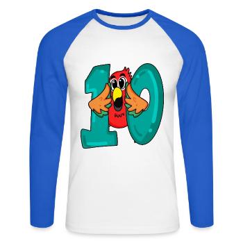 10 anniversaire - oiseau perroquet avec le numéro 10 - T-shirt baseball manches longues Homme - blanc/bleu royal - Devant - Nik (191cm)