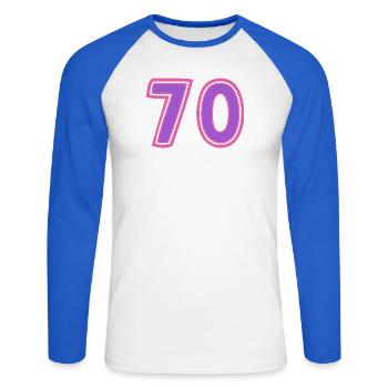 70. 70 YEARS. 70TH ANNIVERSARY. 70TH ANNIVERSARY. - Unisex Long Sleeve Baseball T-Shirt - white/royal blue - Front - Nik (191cm)