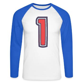 1. 1 JAHR. 1. JAHRESTAG. 1 JAHR GEBURTSTAG - Unisex Baseballshirt langarm - Weiß/Royalblau - Vorne - Nik (191cm)