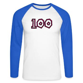 100. 100 JAHRE. 100-JÄHRIGES JUBILÄUM. GEBURTSTAG 1001 - Unisex Baseballshirt langarm - Weiß/Royalblau - Vorne - Nik (191cm)