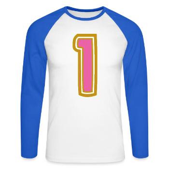 1. 1 JAHR. 1. JAHRESTAG. 1 JAHR GEBURTSTAG - Unisex Baseballshirt langarm - Weiß/Royalblau - Vorne - Nik (191cm)