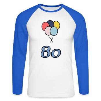 80. 80 ANS. 80e ANNIVERSAIRE. ANNIVERSAIRE 80 ANS. - T-shirt baseball manches longues Homme - blanc/bleu royal - Devant - Nik (191cm)