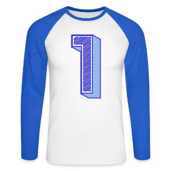 1. 1 JAHR. 1. JAHRESTAG. 1 JAHR GEBURTSTAG - Unisex Baseballshirt langarm - Weiß/Royalblau - Vorne - Nik (191cm)