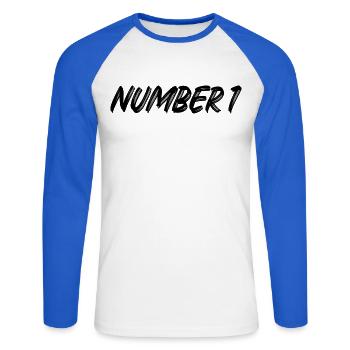 Number 1 - eins - erster - erste - 1 - Nummer 1 - Unisex Baseballshirt langarm - Weiß/Royalblau - Vorne - Nik (191cm)