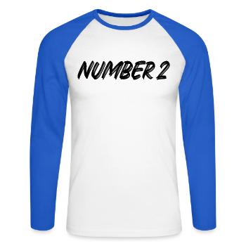 Number 2 - zwei - zweiter - zweite - 2 - Nummer 2 - Unisex Baseballshirt langarm - Weiß/Royalblau - Vorne - Nik (191cm)