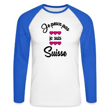 SUISSE. HUMOUR. PAYS. DRAPEAU. GENEVE. LAUSANNE - T-shirt baseball manches longues Homme - blanc/bleu royal - Devant - Nik (191cm)