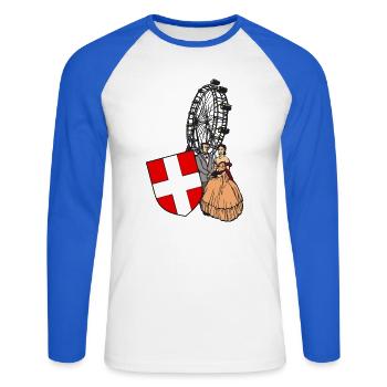 Vienna Panorama Wappen Shirt Geschenk - Unisex Baseballshirt langarm - Weiß/Royalblau - Vorne - Nik (191cm)