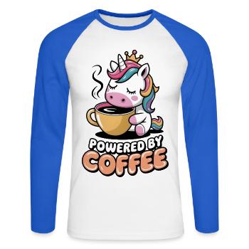 Propulsé par le café - T-shirt baseball manches longues Homme - blanc/bleu royal - Devant - Nik (191cm)