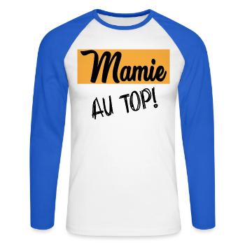 Oma - Unisex Baseballshirt langarm - Weiß/Royalblau - Vorne - Nik (191cm)