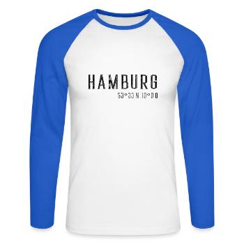Hamburg Koordinaten - Unisex Baseballshirt langarm - Weiß/Royalblau - Vorne - Nik (191cm)