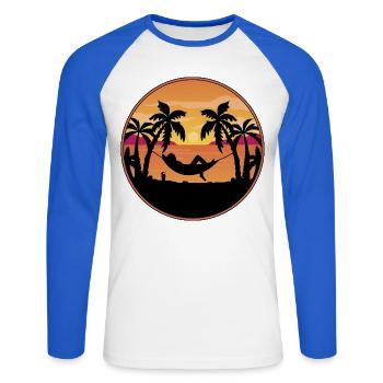 Sunset by the Sea - Palm Trees with Hammock - Unisex Long Sleeve Baseball T-Shirt - white/royal blue - Front - Nik (191cm)