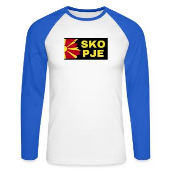 Skopje City with North Macedonia Flag Design - Unisex Long Sleeve Baseball T-Shirt - white/royal blue - Front - Nik (191cm)
