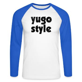style yugo - style unifié des Balkans - T-shirt baseball manches longues Homme - blanc/bleu royal - Devant - Nik (191cm)
