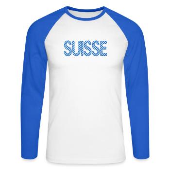 SUISSE. HUMOUR. PAYS. DRAPEAU - T-shirt baseball manches longues Homme - blanc/bleu royal - Devant - Nik (191cm)