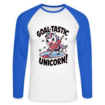 Licorne but-tastique ! - T-shirt baseball manches longues Homme - blanc/bleu royal - Devant - Nik (191cm)