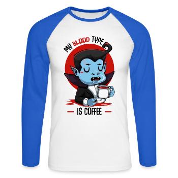 Blutkaffee Vampir Cartoon - Unisex Baseballshirt langarm - Weiß/Royalblau - Vorne - Nik (191cm)