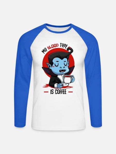 Blood Coffee Vampire Cartoon - Unisex Long Sleeve Baseball T-Shirt - white/royal blue