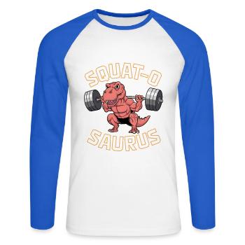 Squat-O Saurus - Unisex Long Sleeve Baseball T-Shirt - white/royal blue - Front - Nik (191cm)