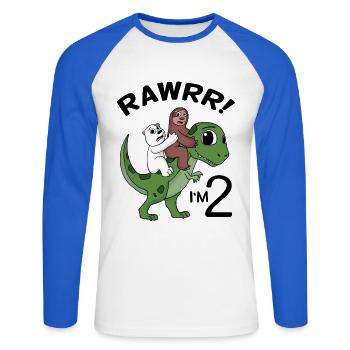 Ich bin 2 Dinosaurier Geburtstag Kindergeburtstag - Unisex Baseballshirt langarm - Weiß/Royalblau - Vorne - Nik (191cm)