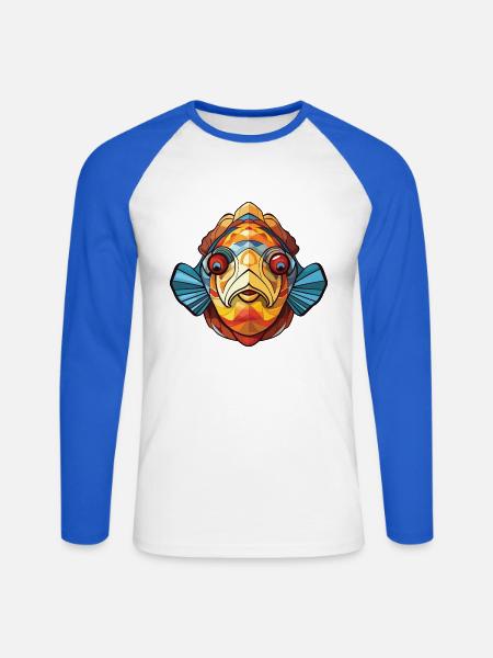 Flunderfisch Bunte Aquarell-Tierkarikatur - Unisex Baseballshirt langarm - Weiß/Royalblau