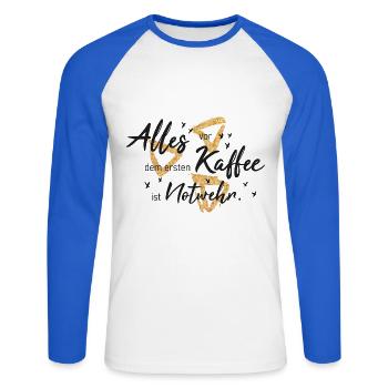 Alles vor dem ersten Kaffee ist notwehr - Unisex Baseballshirt langarm - Weiß/Royalblau - Vorne - Nik (191cm)