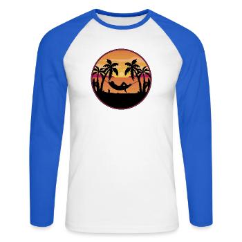 Hammock des palmiers Coucher du soleil - T-shirt baseball manches longues Homme - blanc/bleu royal - Devant - Nik (191cm)