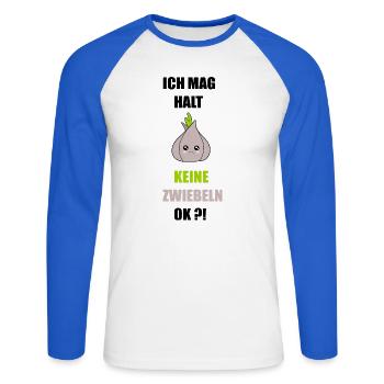 Ich mag keine Zwiebeln - Unisex Baseballshirt langarm - Weiß/Royalblau - Vorne - Nik (191cm)