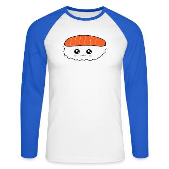 Kawaii,Nigiri,Salmon,Fish, Rice, Japan Cuisine - Unisex Long Sleeve Baseball T-Shirt - white/royal blue - Front - Nik (191cm)