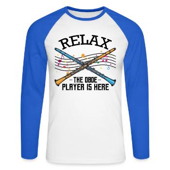 Oboe - Unisex Baseballshirt langarm - Weiß/Royalblau - Vorne - Nik (191cm)