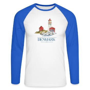 Phare du Danemark tiny house au bord de la mer - T-shirt baseball manches longues Homme - blanc/bleu royal - Devant - Nik (191cm)