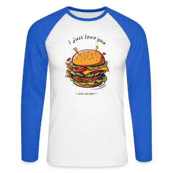 i love u and burger - Unisex Baseballshirt langarm - Weiß/Royalblau - Vorne - Nik (191cm)